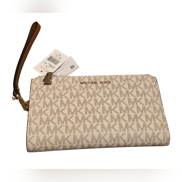 Michael Kors Jet Set Travel Large Double Zip Wristlet NWT Cream & Tan - Picture 2 of 9